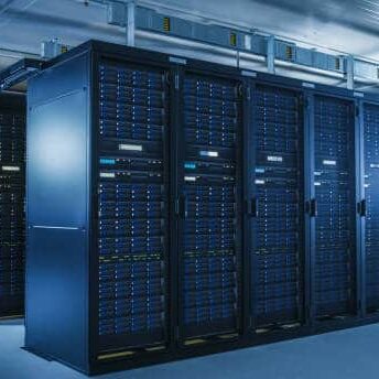 data-centers Shot of Modern Data Center With Multiple Rows of Operational Server Racks. Modern High-Tech Database Super Computer Clean Room.